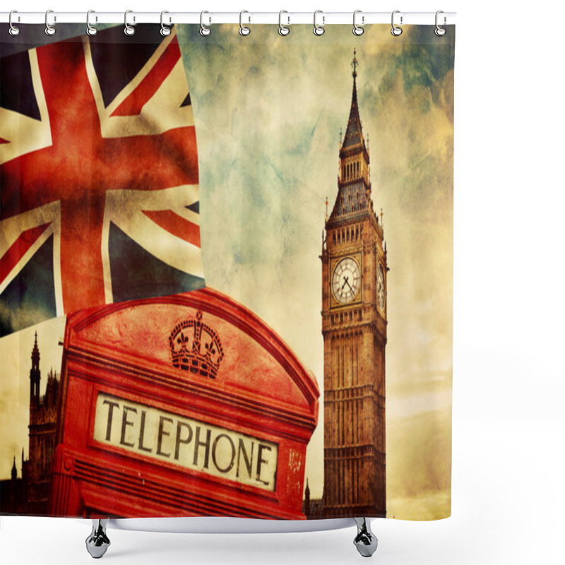 Personality  Red Phone Booth, Big Ben, The Union Jack Flag Shower Curtains