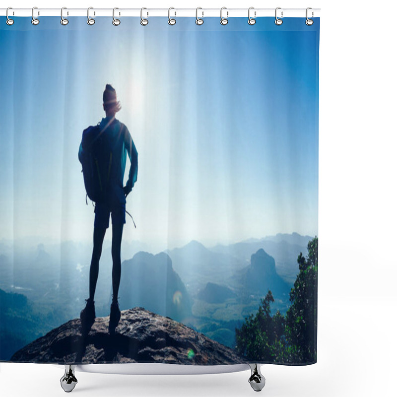 Personality  Successful Woman Hiker In The Sunrise On Mountain Top Shower Curtains