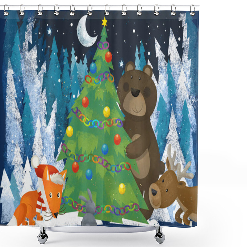 Personality  Winter Scene With Forest Animals Reindeers Bear Fox And Owl Near Christmas Tree - Traditional Scene - Illustration For Children Shower Curtains