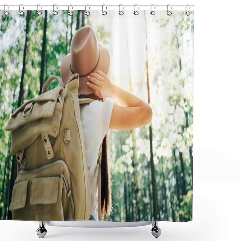 Personality  Happy Cute Traveler Woman Wearing Backpack And Hat Hiking Among Forest On Outdoors At Sunset. Horizontal Shower Curtains