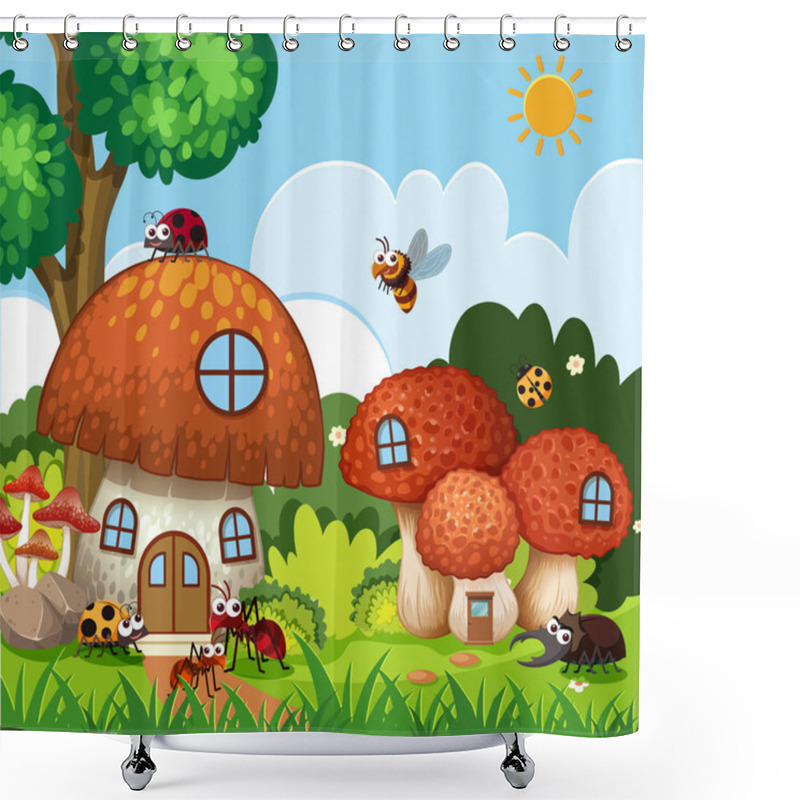 Personality  Many Insects Flying Around Mushroom House In Garden Shower Curtains