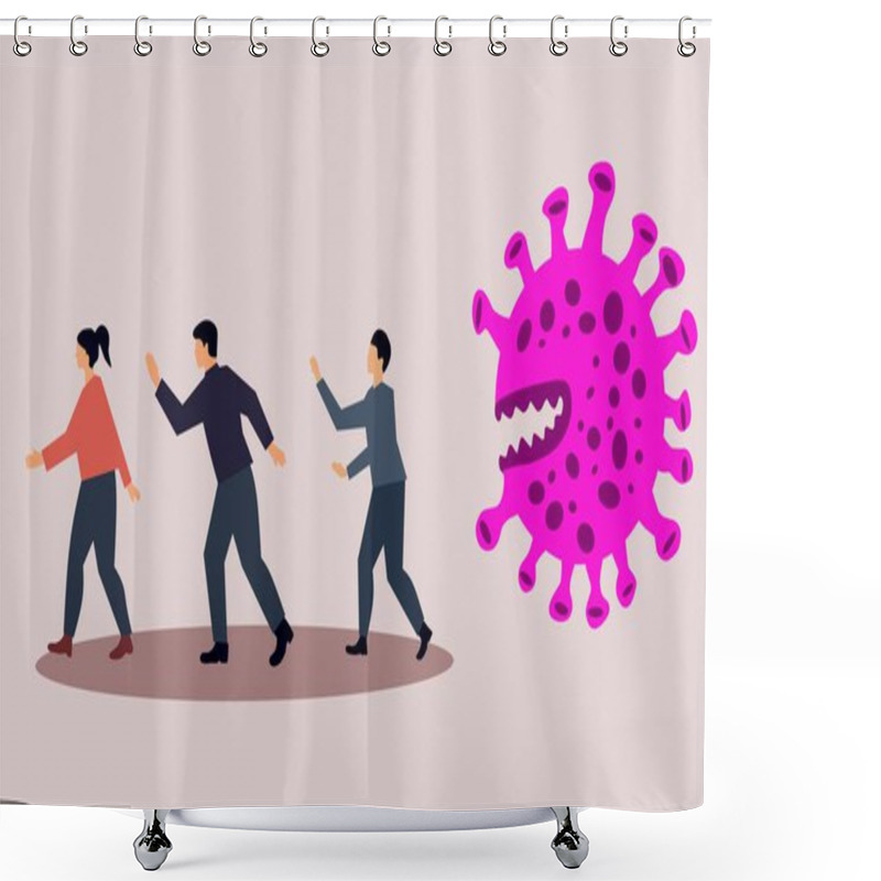 Personality  Illustration Of People Running Away From A Giant Pink Virus With Sharp Teeth, Symbolizing Fear And Pandemic Impact. Perfect For Health, Awareness, And Medical Concepts Shower Curtains