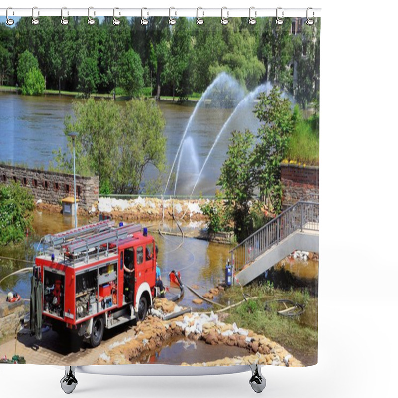 Personality  Firefighters In Action During High Water In Magdeburg Shower Curtains