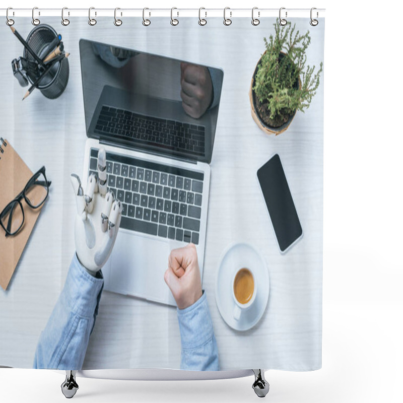 Personality  Cropped Image Of Businessman With Prosthetic Arm Showing Middle Finger To Laptop Screen At Table In Office  Shower Curtains