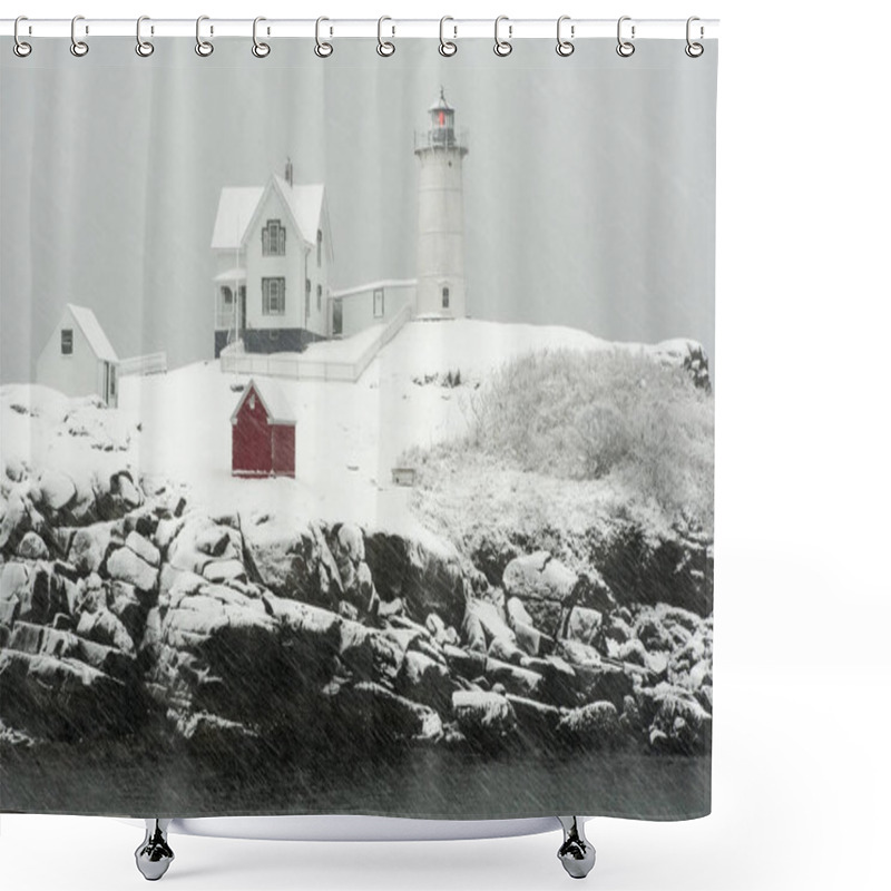 Personality  Nubble Lighthouse, Also Known As Cape Neddick Light, Flashes Its Red Light During A Blizzard Snowstorm In Maine, In New England. Shower Curtains