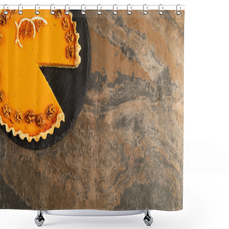 Personality  Bright Thanksgiving Pie With Walnuts And Dried Orange Slices On Black Slate Table And Stone Surface Shower Curtains