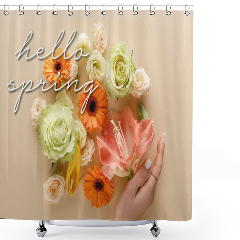 Personality  Top View Of Spring Flowers And Female Hand On Beige Background, Hello Spring Illustration Shower Curtains