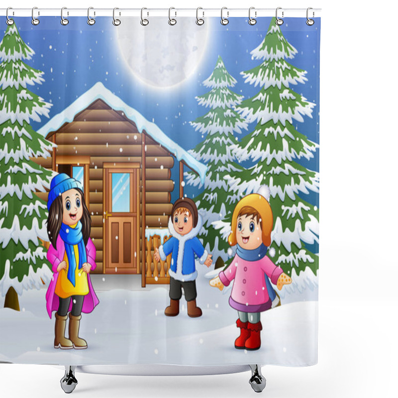 Personality  Happy Kids To Wear Winter Clothes And Play In Front Of A Snowy Wooden House Shower Curtains