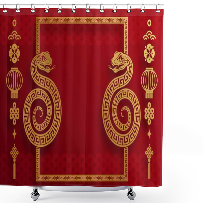 Personality  Happy Chinese New Year 2025 The Snake Zodiac Sign With Flower,lantern,asian Elements Snake Logo Red And Gold Paper Cut Style On Color Background. ( Translation : Happy New Year 2025 Year Of The Snake ) Shower Curtains