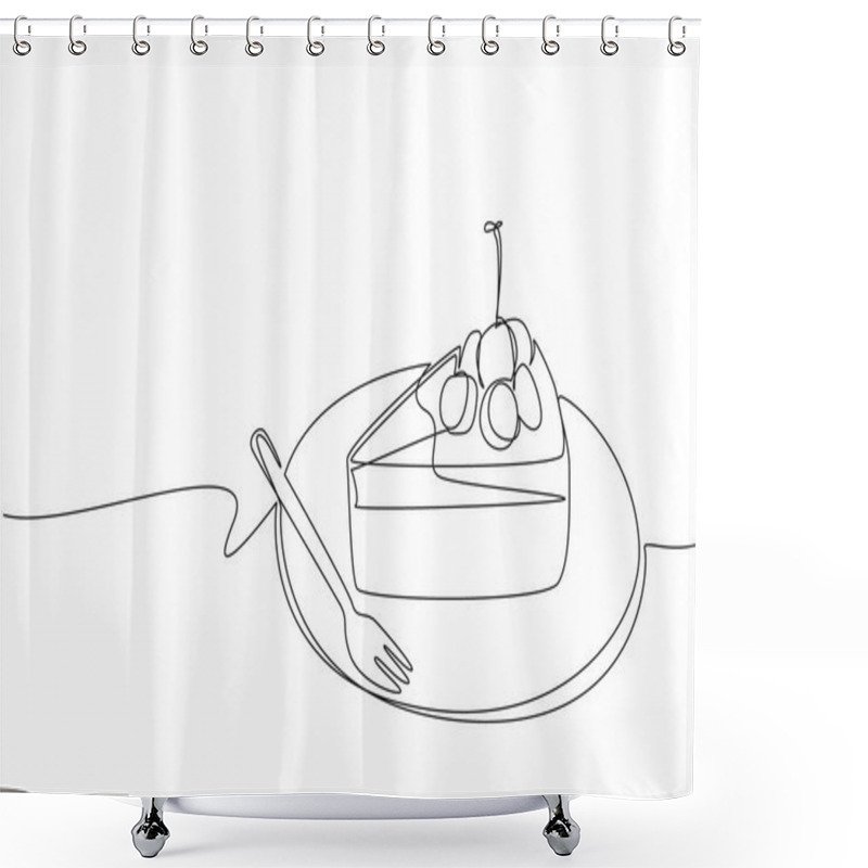 Personality  Continuous One Line Drawing Cherry Cheesecake Cut On A Small Round Plate. Cherry Topping Adds Freshness. Delicious. Tasty. National Cherry Cheesecake Day. Single Line Draw Design Vector Illustration Shower Curtains