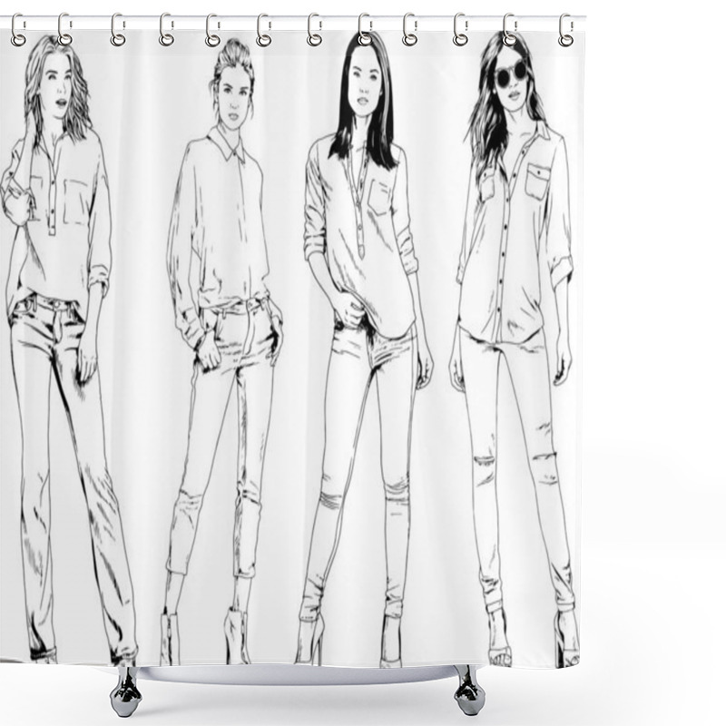 Personality  Beautiful Slim Girl In Casual Clothes, Drawn In Ink By Hand On A White Background Shower Curtains