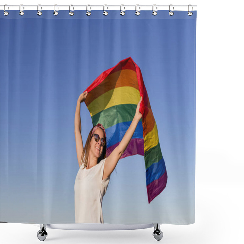 Personality  Woman Holding The Gay Rainbow Flag Over Blue Sky Outdoors. Happiness, Freedom And Love Concept For Same Sex Couples. LIfestyle Outdoors Shower Curtains