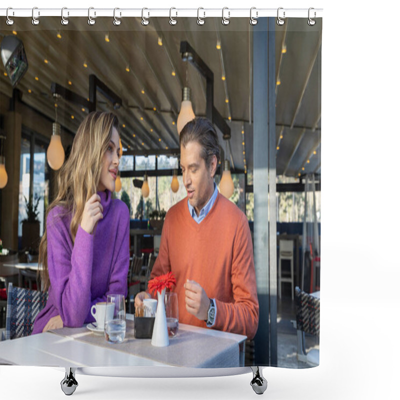 Personality  Beautiful Couple Drinking Coffee In Cafe Bar Shower Curtains