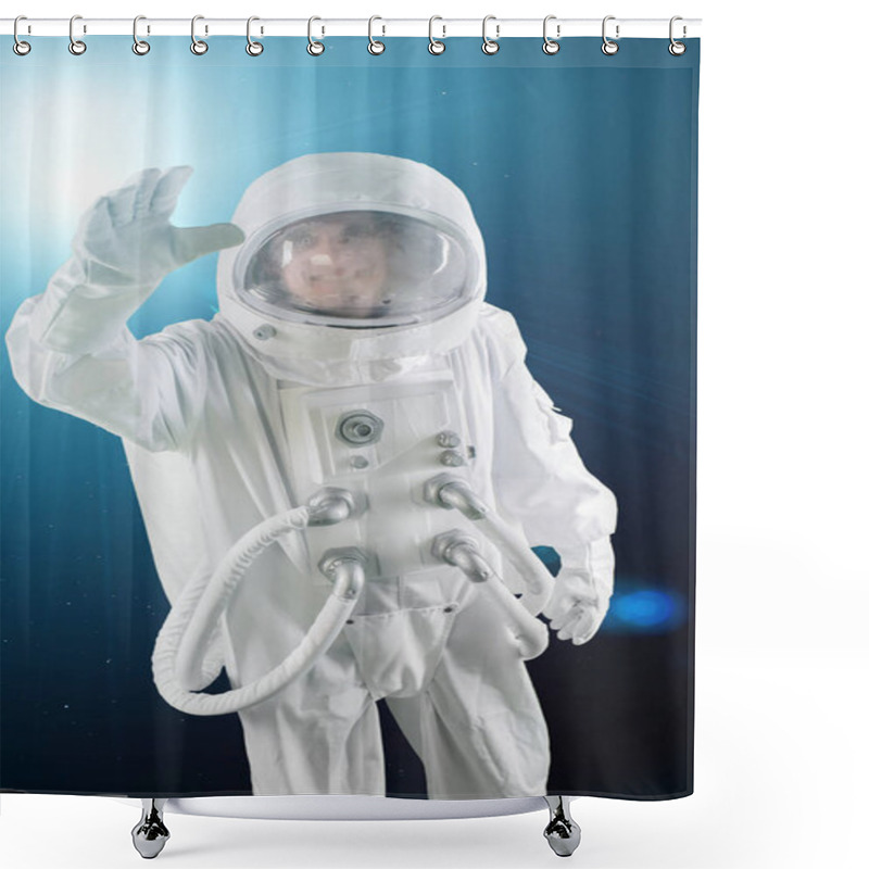 Personality  Astronaut In Space Waving His Hand Shower Curtains