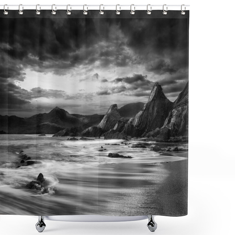 Personality  Beautiful Landscape Of Mountains And Sea At Sunset  Black And Wh Shower Curtains