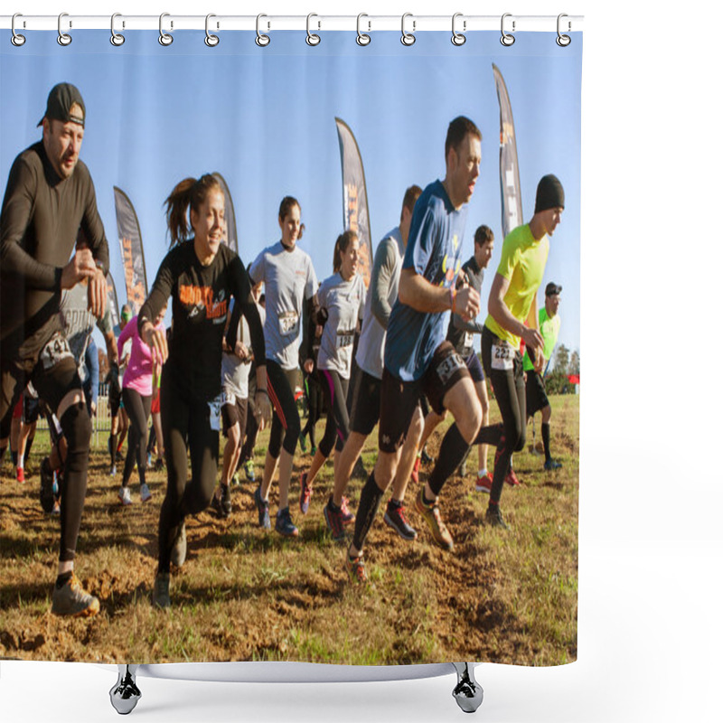 Personality  Competitors Sprint From Start Line At Obstacle Course Race Shower Curtains