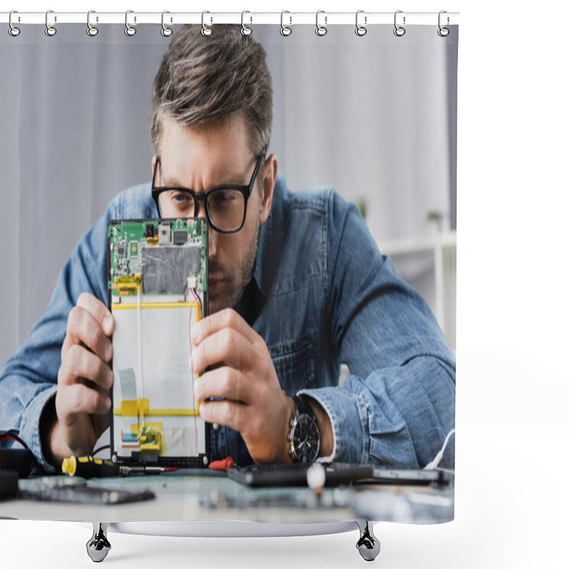 Personality  Focused Repairman Squinting, While Looking At Part Of Broken Digital Tablet With Blurred Workplace On Foreground Shower Curtains