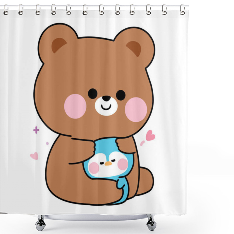 Personality  Cute Teddy Bear Doll Hug Tiny Penguin With Heart.Polar Bird And Wild Animal Character Cartoon Design.Image For Sticker,baby Clothing,stationary.Kawaii.Vector.Illustration. Shower Curtains