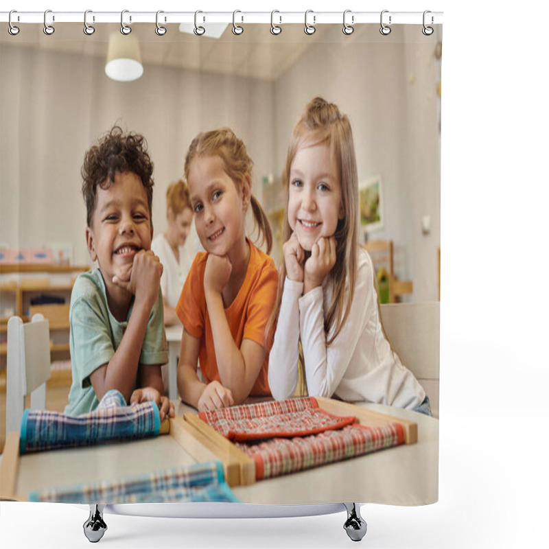 Personality  Cheerful And Multiethnic Kids Looking At Camera Near Table In Class Of Montessori School Shower Curtains