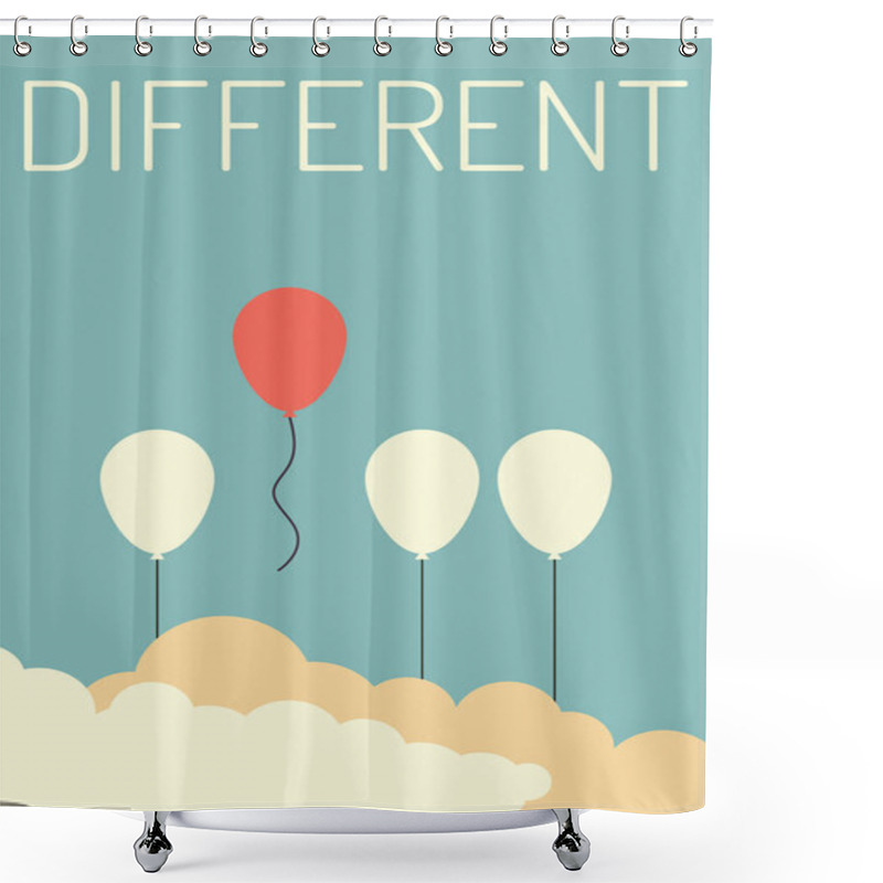 Personality  Minimalist Retro Stile. Stand Out From The Crowd And Different Concept , One Red Balloon Flying Away From Other White Balloons  . Vector Illustration Eps10 Shower Curtains