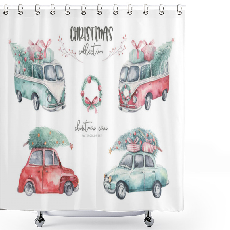 Personality  Watercolor Christmas Holiday Card Transportation Illustration. Merry Xmas Winter Tree Design. New Year Retro Vintage Cars Shower Curtains