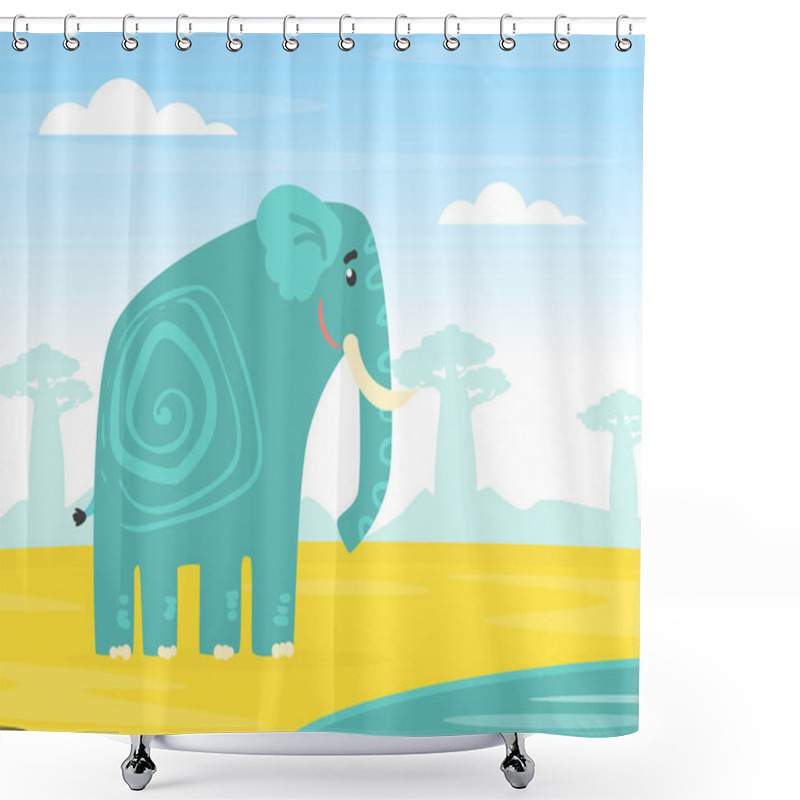 Personality  Cute Elephant African Animal On Background Of African Savanna Landscape Cartoon Vector Illustration Shower Curtains