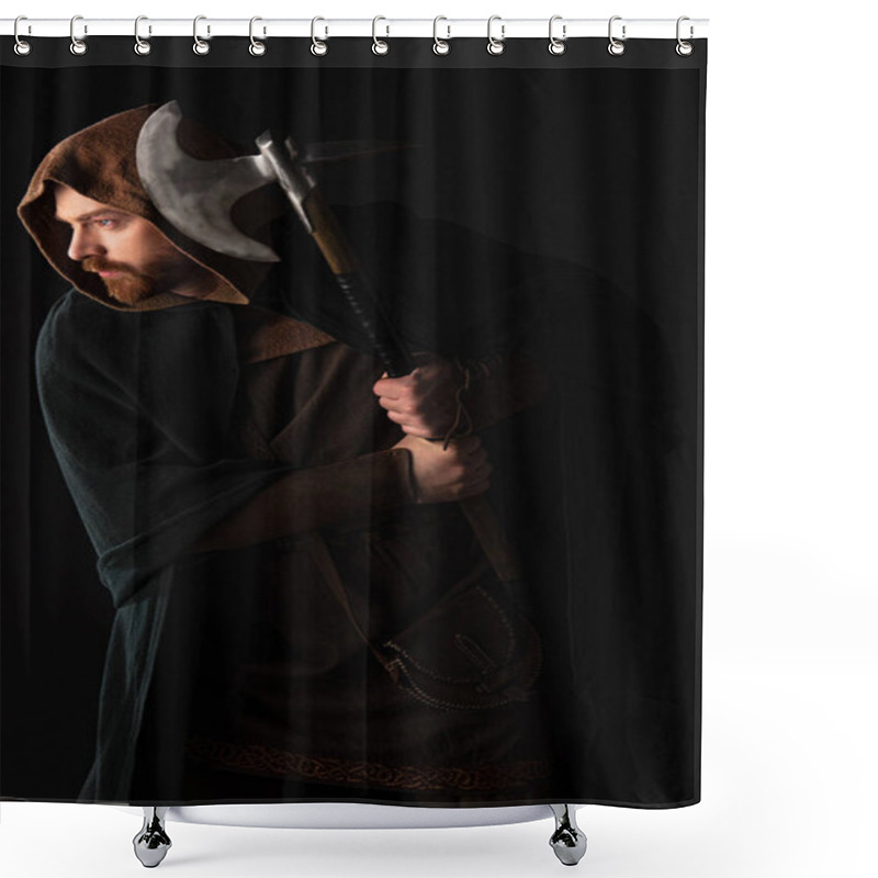 Personality  Medieval Scottish Warrior With Battle Axe In Mantel Isolated On Black Shower Curtains