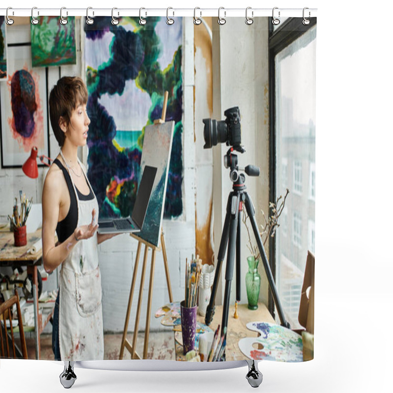 Personality  A Woman Standing In Front Of An Easel With A Painting. Shower Curtains