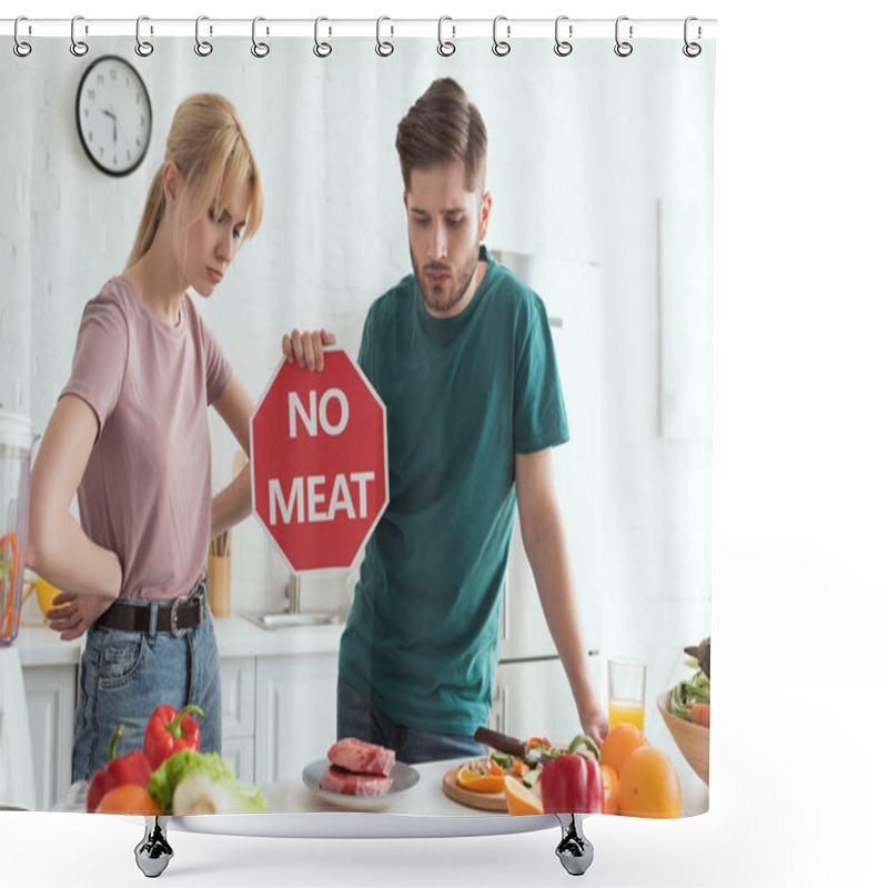 Personality  Vegan Couple With No Meat Sign At Table With Raw Meat And Vegetables In Kitchen At Home Shower Curtains