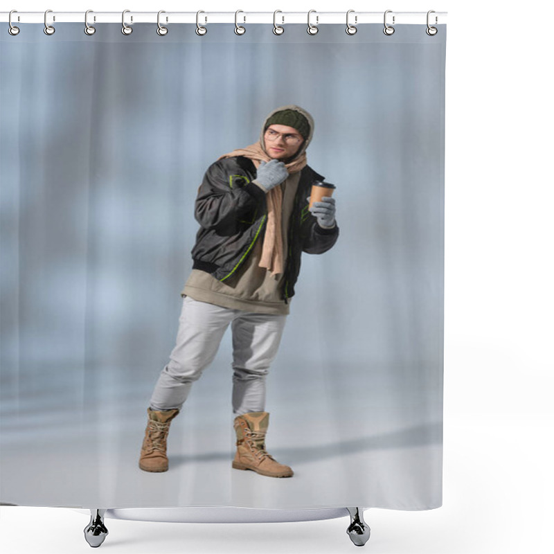 Personality  Full Length Of Young Man In Hat, Hoodie And Anorak Standing And Holding Coffee To Go On Grey Shower Curtains