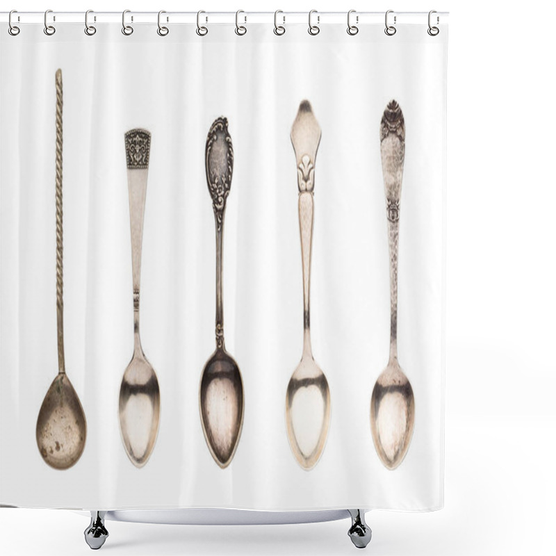 Personality  Top View Of Set Old Silver Beautiful Tea Spoons Isolated On White Background Shower Curtains