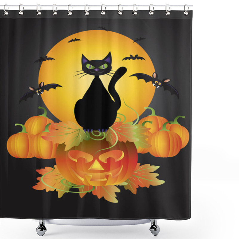 Personality  Halloween Black Cat On Carved Pumpkin Illustration Shower Curtains