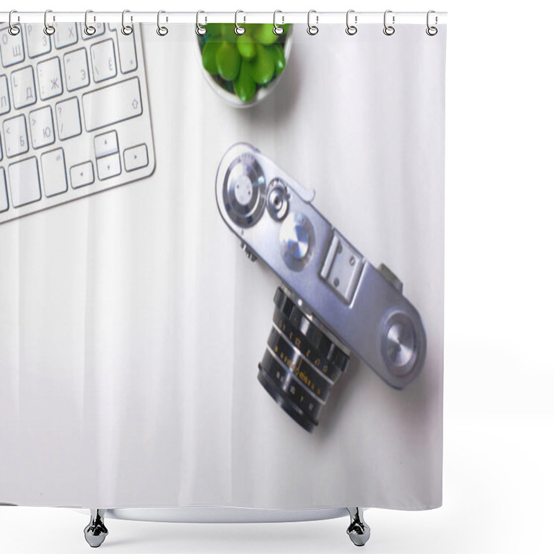 Personality  Top View Of Office Graphic Design Pen Mouse With Laptop Wireless Mouse And Vintage Old Camera On Table Shower Curtains