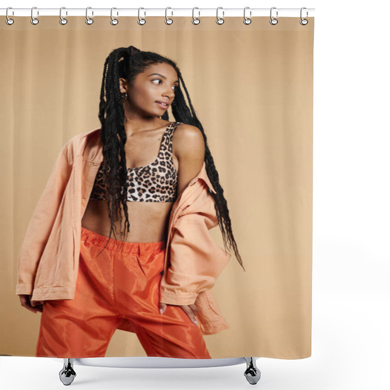 Personality  A Fashionable Young Woman Showcases Her Trendy Outfit With Confidence And Flair. Shower Curtains