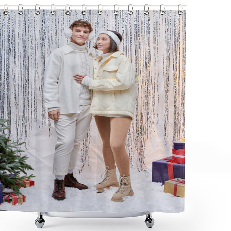 Personality  Happy Asian Woman Looking At Stylish Man Near Presents And Christmas Tree On Shiny Tinsel Backdrop Shower Curtains