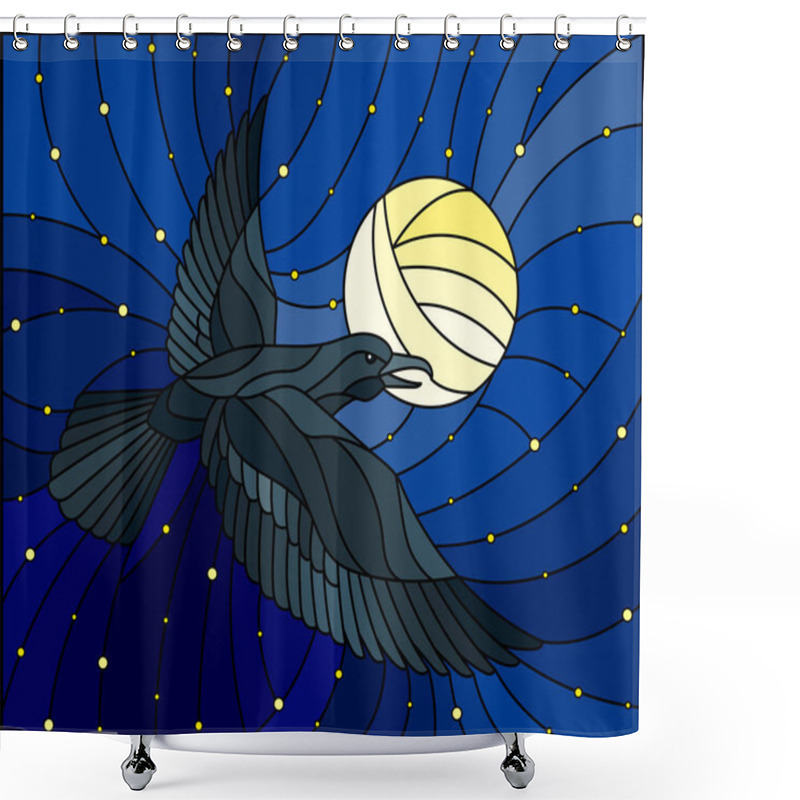 Personality  Illustration In Stained Glass Style Raven On The Background Of Starry Sky,  And Moon Shower Curtains