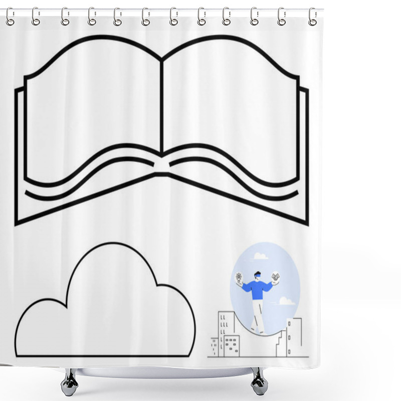 Personality  Open Book Outline, Cloud Shape, And Man Juggling On Buildings. Ideal For Education, Cloud Computing, Storytelling, Creativity, Urban Life Goal Setting And Optimism Themes. Line Metaphor Shower Curtains