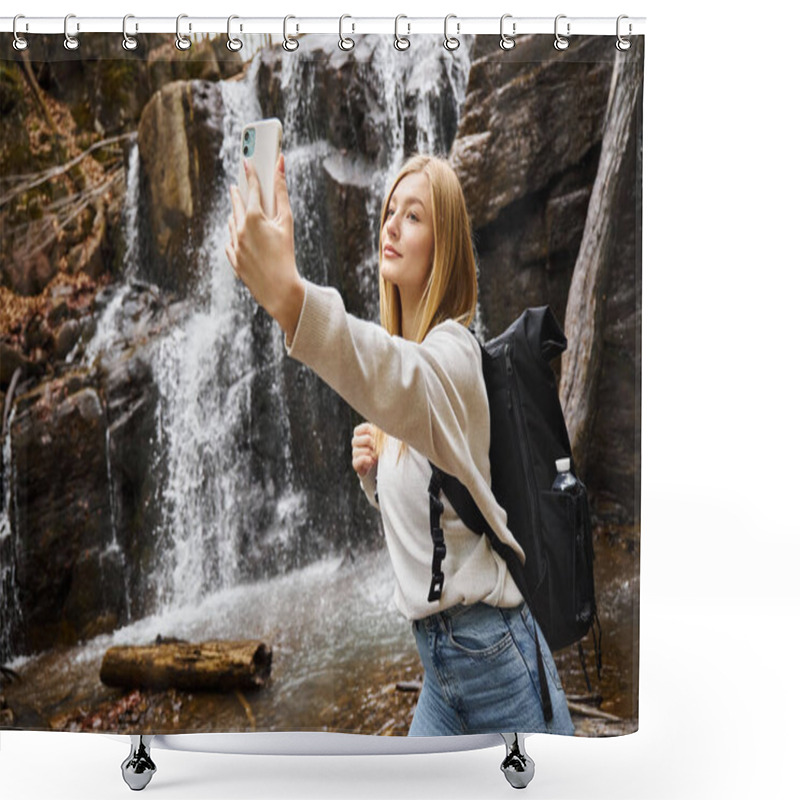 Personality  Blonde Young Woman Taking Selfie Near Mountain Waterfall In The Forest While Hiking Shower Curtains