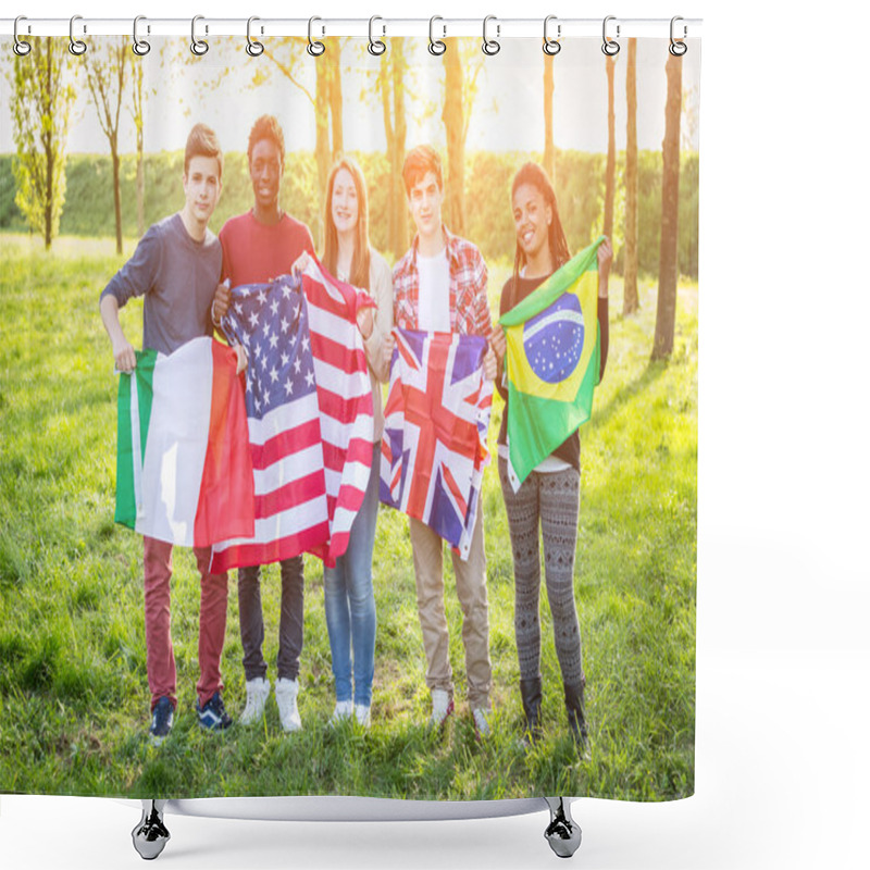 Personality  Teenage Friends Holding Flags From Different Countries Shower Curtains