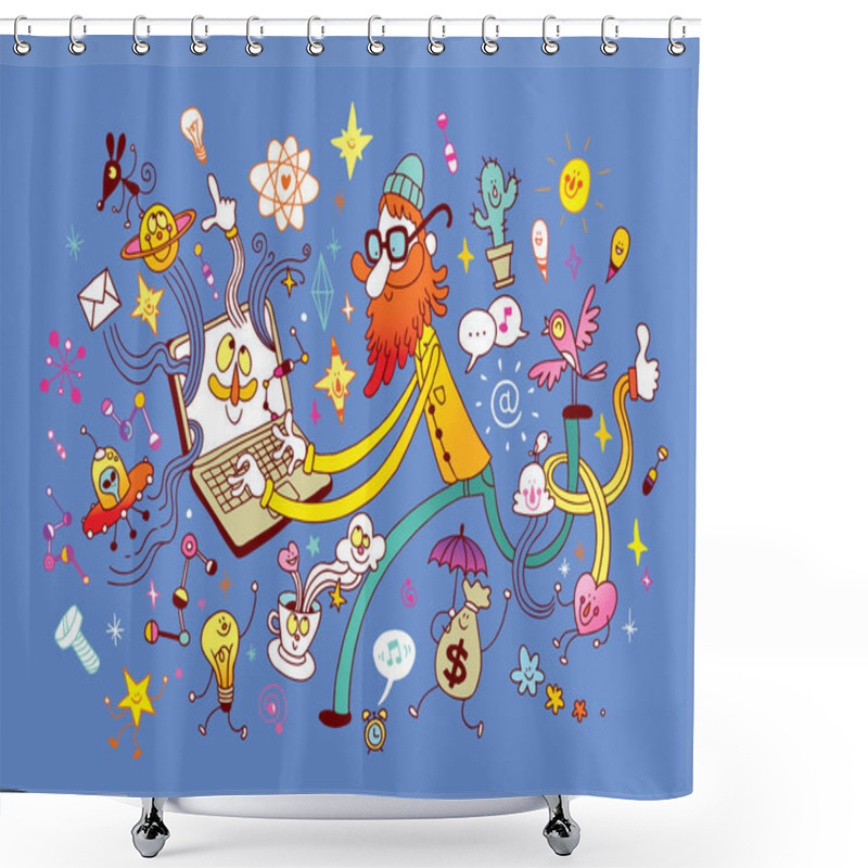 Personality  Startup Creative Business Launch Success Laptop Computer Innovation Working Concept Cartoon Illustration Shower Curtains