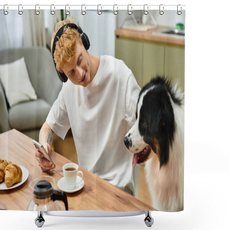 Personality  A Young Redhead Sips Coffee While Bonding With His Playful Australian Shepherd In An Apartment. Shower Curtains