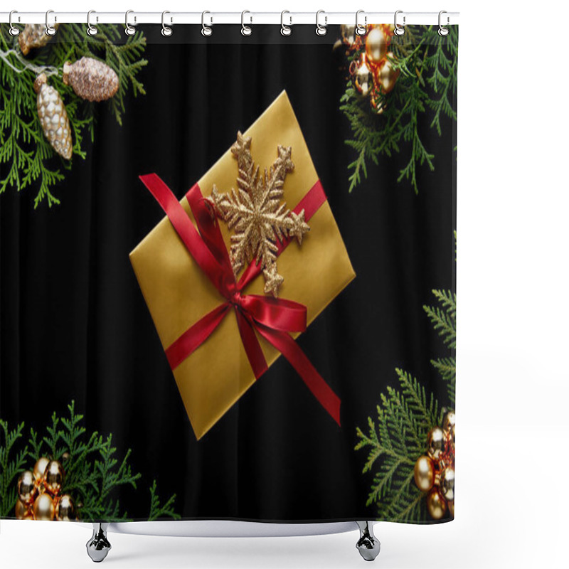 Personality  Top View Of Shiny Golden Christmas Decoration, Green Thuja Branches And Gift Isolated On Black Shower Curtains