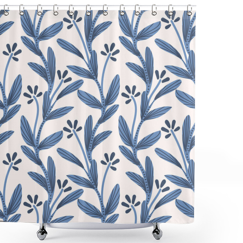 Personality  Simple Creeping Tiny Floral Plant In Pastel Blue With Dark Blue Line Details On A White Background. A Seamless Vector Pattern. Great For Home Decor, Fabric, Wallpaper, Gift Wrap, Stationery, Packaging Design Projects. Shower Curtains