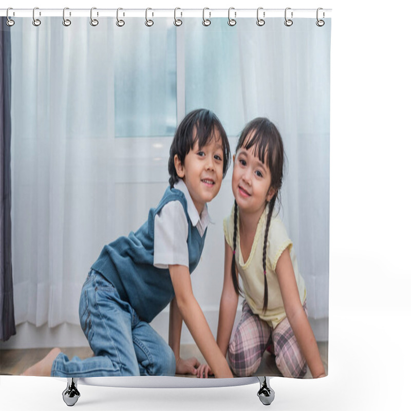 Personality  Two Caucasians Brother And Sister Portrait. Children And Kids Concept. People And Lifestyles Concept. Happy Family And Sibling Love Theme. Shower Curtains