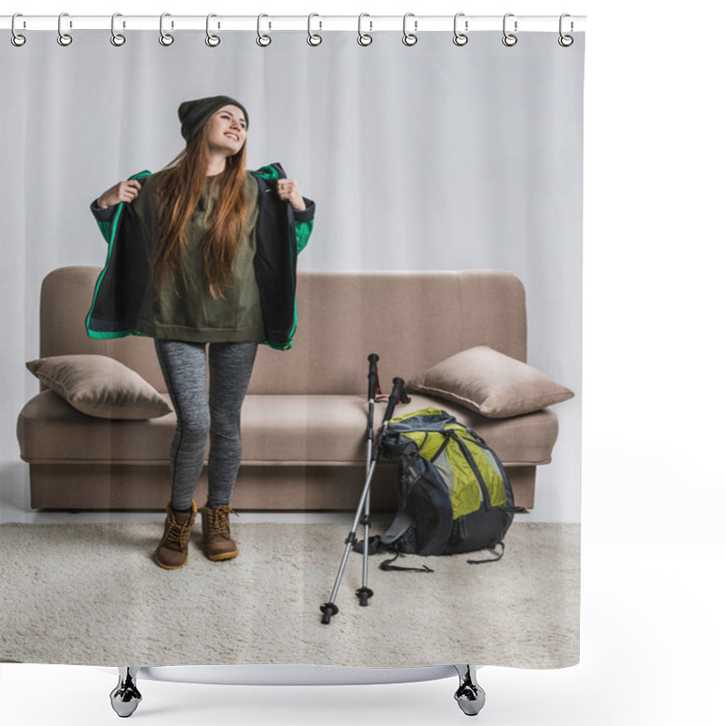 Personality  Happy Woman In Warm Clothing With Backpack And Hiking Equipment At Sofa Shower Curtains