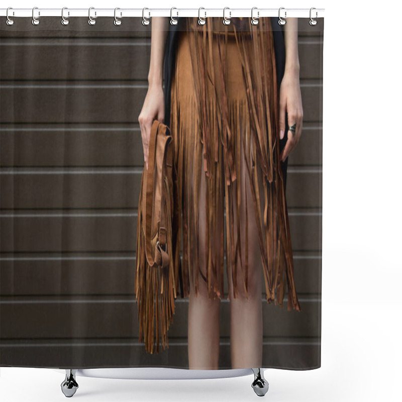 Personality  Brown Fringe Skirt And Brown Leather Bag And Shoes In Style Of Boho. Fashion And Stylish Concept. Shower Curtains