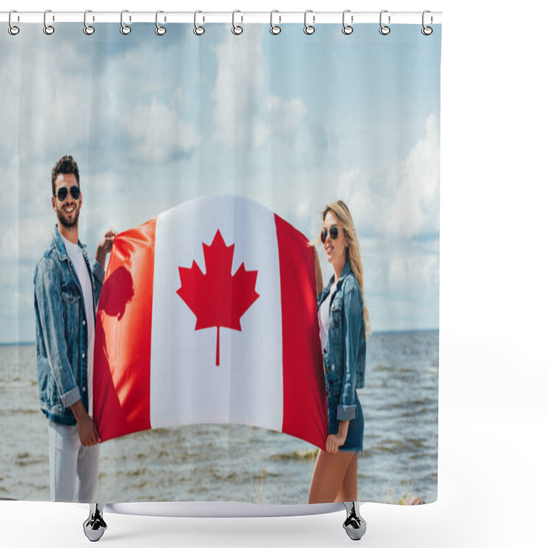 Personality  Attractive Woman And Handsome Man Smiling And Holding Canadian Flag  Shower Curtains