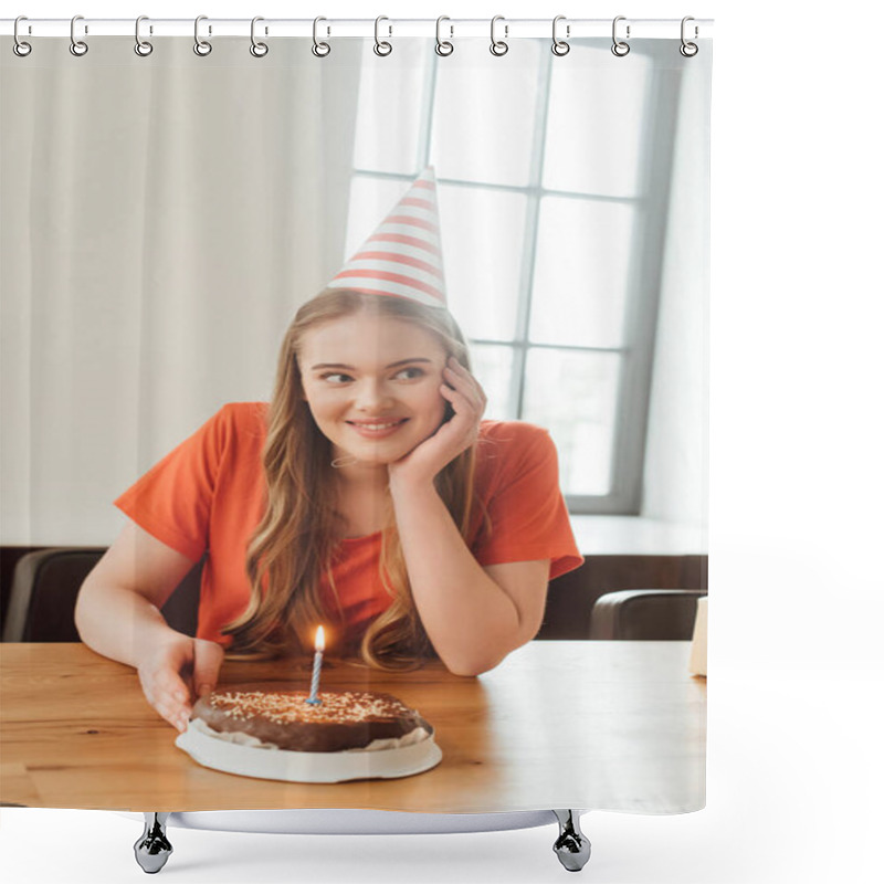 Personality  Cheerful Woman In Party Cap Looking Away Near Delicious Birthday Cake  Shower Curtains