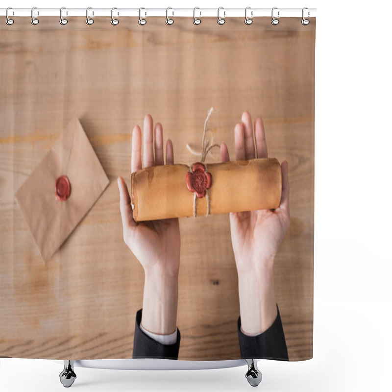 Personality  Cropped Notary Holding Rolled Parchment With Wax Seal Near Blurred Envelope, Top View Shower Curtains