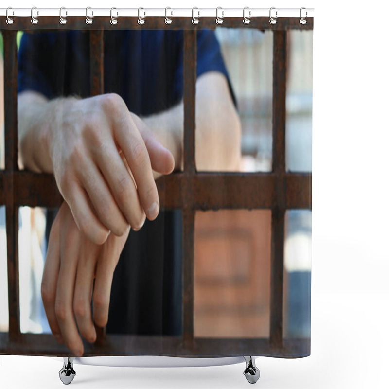 Personality  Man Detained In Jail Outdoors, Space For Text. Criminal Law Shower Curtains